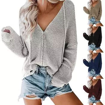 Женская мода, повседневный однотонный свободный свитер с капюшоном и застежкой-молнией S хаки