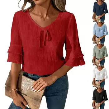 Женская мода повседневный однотонный свободный топ с V-образным вырезом и рукавами для женщин L чёрный