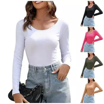 Женская мода повседневный однотонный тонкий топ с длинным рукавом и круглым вырезом L армия зеленый