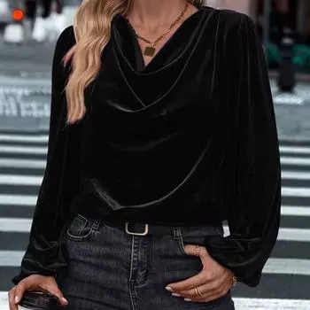 Женская мода повседневный однотонный топ с длинным рукавом и V-образным вырезом L чёрный