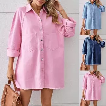 Женская мода, повседневный однотонный винтажный потертый джинсовый свободный повседневный топ с длинными рукавами L синий