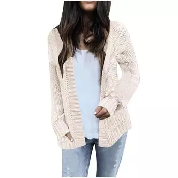 Женская мода Повседневный открытый спереди Длинный рукав Кардиганы крупной вязки Свитера Верхняя одежда Пальто L бежевый