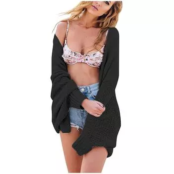 Женская мода Повседневный открытый спереди Длинный рукав Кардиганы крупной вязки Свитера Верхняя одежда Пальто L чёрный