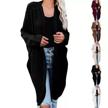 Женская мода Повседневный открытый спереди Длинный рукав Кардиганы крупной вязки Свитера Верхняя одежда Пальто L чёрный