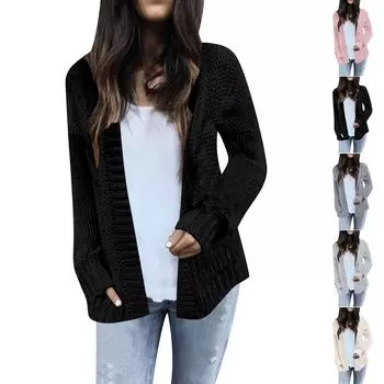 Женская мода Повседневный открытый спереди Длинный рукав Кардиганы крупной вязки Свитера Верхняя одежда Пальто L бежевый