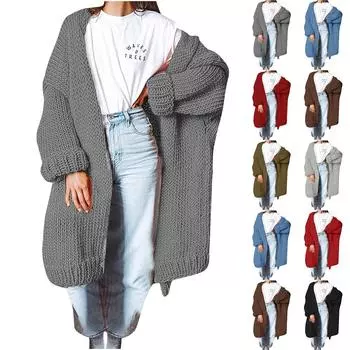 Женская мода Повседневный открытый спереди Длинный рукав Кардиганы крупной вязки Свитера Верхняя одежда Пальто L чёрный