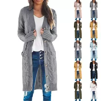 Женская мода Повседневный открытый спереди Длинный рукав Кардиганы крупной вязки Свитера Верхняя одежда Пальто L бежевый