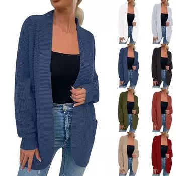 Женская мода Повседневный открытый спереди Длинный рукав Кардиганы крупной вязки Свитера Верхняя одежда Пальто L армия зеленый