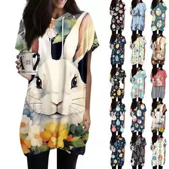 Женская мода повседневный пасхальный принт с капюшоном и карманами с короткими рукавами L бежевый