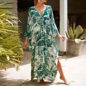 Женская мода повседневный пляжный отдых на море длинное платье с принтом V-образный вырез пуловер купальник блузка One Size