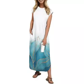 Женская мода повседневный пляжный отдых винтажный лоскутный принт сарафан длиной до колена пляжная юбка с карманом юбка L циан
