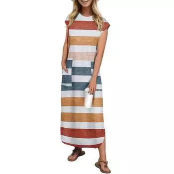 Женская мода повседневный пляжный сарафан с полосатым принтом длиной до колена пляжная юбка с карманом юбка XXL оранжевый