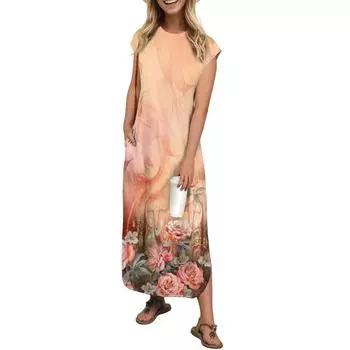 Женская мода повседневный пляжный сарафан с винтажным цветочным принтом длиной до колена пляжная юбка с карманом юбка XXL оранжевый