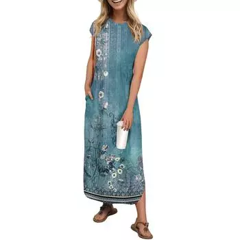 Женская мода повседневный пляжный сарафан с винтажным цветочным принтом длиной до колена пляжная юбка с карманом юбка XL