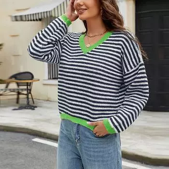 Женская мода повседневный полосатый свитер-пуловер осень и зима цветной трикотаж с V-образным вырезом S