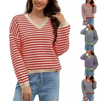 Женская мода повседневный полосатый свитер-пуловер осень и зима цветной трикотаж с V-образным вырезом XL синий