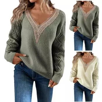 Женская мода, повседневный полый кружевной пуловер с v-образным вырезом, однотонный свободный легкий топ с длинными рукавами, вязаный свитер S зелёный