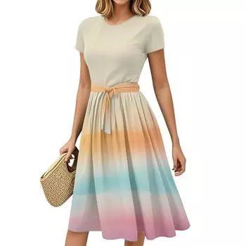 Женская мода Повседневный пояс С коротким рукавом Круглый вырез Геометрический принт Сплайсинг Элегантные платья с темпераментом L бежевый