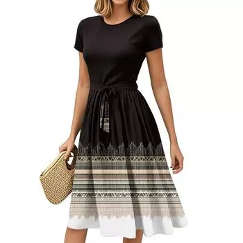 Женская мода Повседневный пояс С коротким рукавом Круглый вырез Геометрический принт Сплайсинг Элегантные платья с темпераментом S хаки