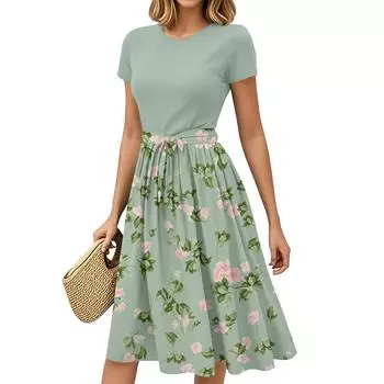 Женская мода Повседневный пояс С коротким рукавом Круглый вырез Геометрический принт Сплайсинг Элегантные платья с темпераментом XXL