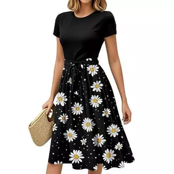 Женская мода Повседневный пояс С коротким рукавом Круглый вырез Геометрический принт Сплайсинг Элегантные платья с темпераментом S чёрный