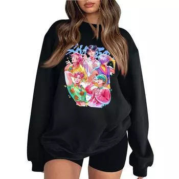 Женская мода повседневный принт повседневный длинный рукав круглый вырез толстовка топ M чёрный
