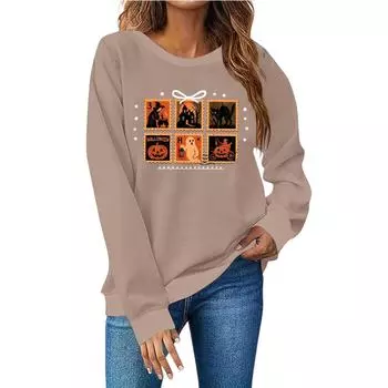 Женская мода повседневный принт повседневный длинный рукав круглый вырез толстовка топ S хаки