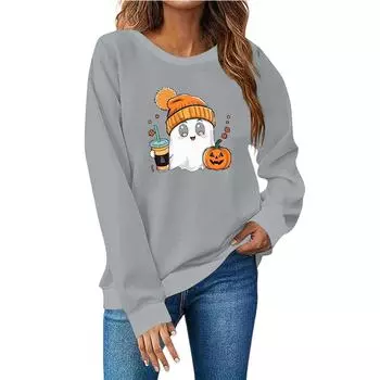 Женская мода повседневный принт повседневный длинный рукав круглый вырез толстовка топ XXL