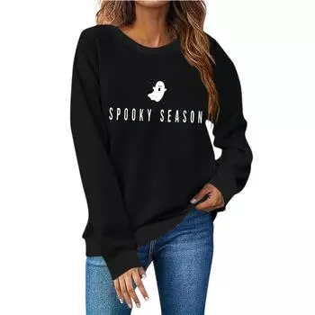 Женская мода повседневный принт повседневный длинный рукав круглый вырез толстовка топ L чёрный