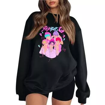 Женская мода повседневный принт повседневный длинный рукав круглый вырез толстовка топ L чёрный