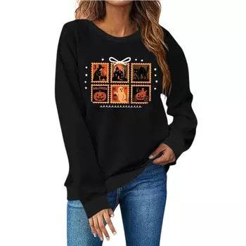 Женская мода повседневный принт повседневный длинный рукав круглый вырез толстовка топ L чёрный