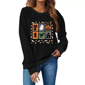 Женская мода повседневный принт повседневный длинный рукав круглый вырез толстовка топ L чёрный