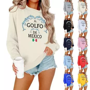 Женская мода повседневный принт повседневный длинный рукав круглый вырез толстовка топ S бежевый