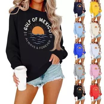 Женская мода повседневный принт повседневный длинный рукав круглый вырез толстовка топ L чёрный