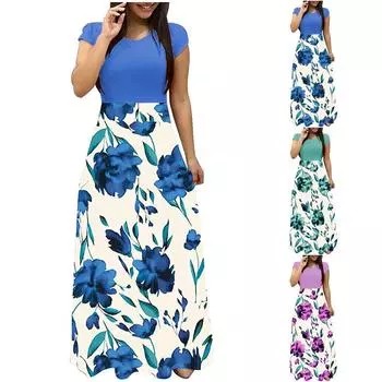 Женская мода повседневный принт с круглым вырезом и короткими рукавами, длинные платья большого размера L синий