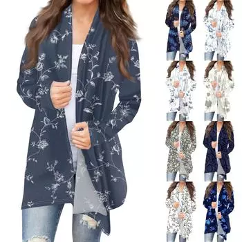 Женская мода повседневный принт средней длины кардиган куртка пальто S синий