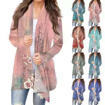 Женская мода повседневный принт средней длины кардиган куртка пальто L армия зеленый