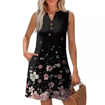 Женская Мода Повседневный Принт V-образный Вырез Пуговица С Карманом Жилет Безрукавные Платья M чёрный