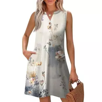 Женская Мода Повседневный Принт V-образный Вырез Пуговица С Карманом Жилет Безрукавные Платья XXL бежевый