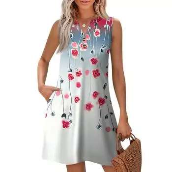 Женская Мода Повседневный Принт V-образный Вырез Пуговица С Карманом Жилет Безрукавные Платья M