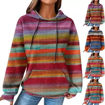 Женская мода повседневный принтованный свитер с капюшоном длинный рукав клетчатая толстовка топ S синий