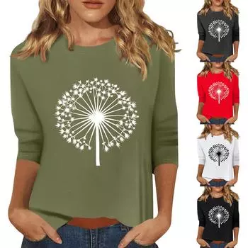 Женская мода повседневный принтованный топ с семью рукавами и круглым вырезом L армия зеленый