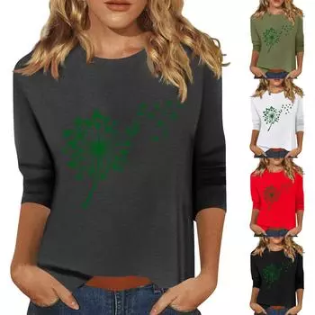 Женская мода повседневный принтованный топ с семью рукавами и круглым вырезом L армия зеленый