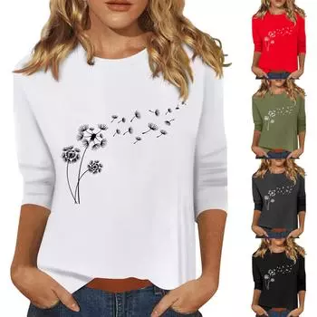 Женская мода повседневный принтованный топ с семью рукавами и круглым вырезом L армия зеленый