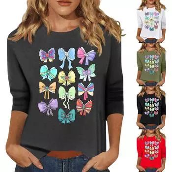 Женская мода повседневный принтованный топ с семью рукавами и круглым вырезом L армия зеленый