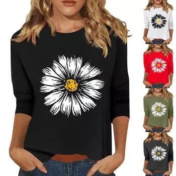 Женская мода повседневный принтованный топ с семью рукавами и круглым вырезом L чёрный