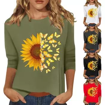 Женская мода повседневный принтованный топ с семью рукавами и круглым вырезом XXL