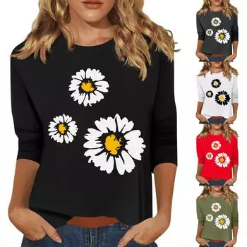 Женская мода повседневный принтованный топ с семью рукавами и круглым вырезом S