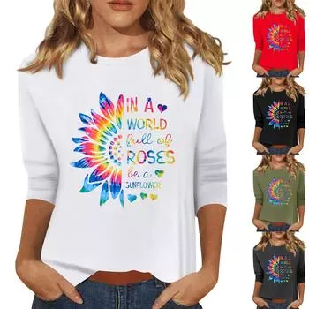 Женская мода повседневный принтованный топ с семью рукавами и круглым вырезом S чёрный