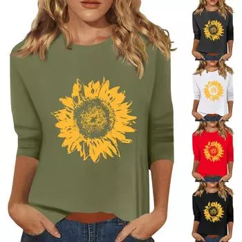 Женская мода повседневный принтованный топ с семью рукавами и круглым вырезом XXL чёрный